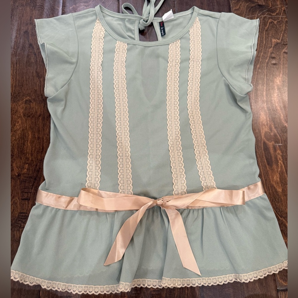 Fire Los Angeles Sage Green Blouse with Cream Lace